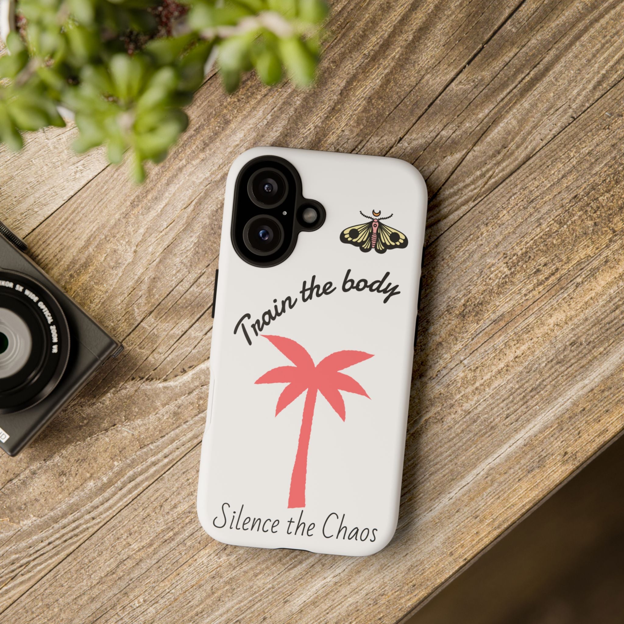 Train the Body Silence the Chaos phone case | palm tree moth design